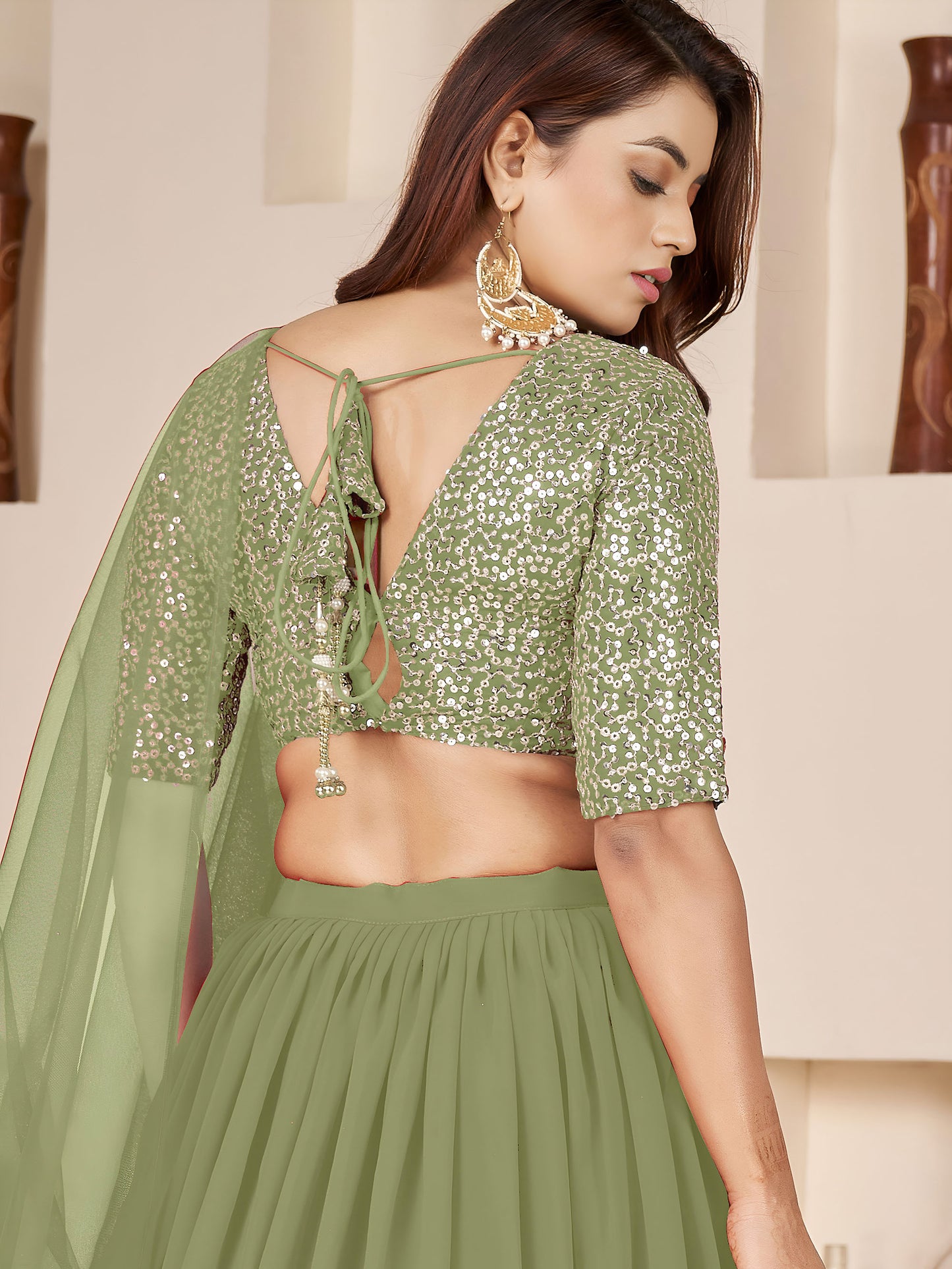 Olive Green Faux Georgette Sequins Work Wedding Guest Lehenga