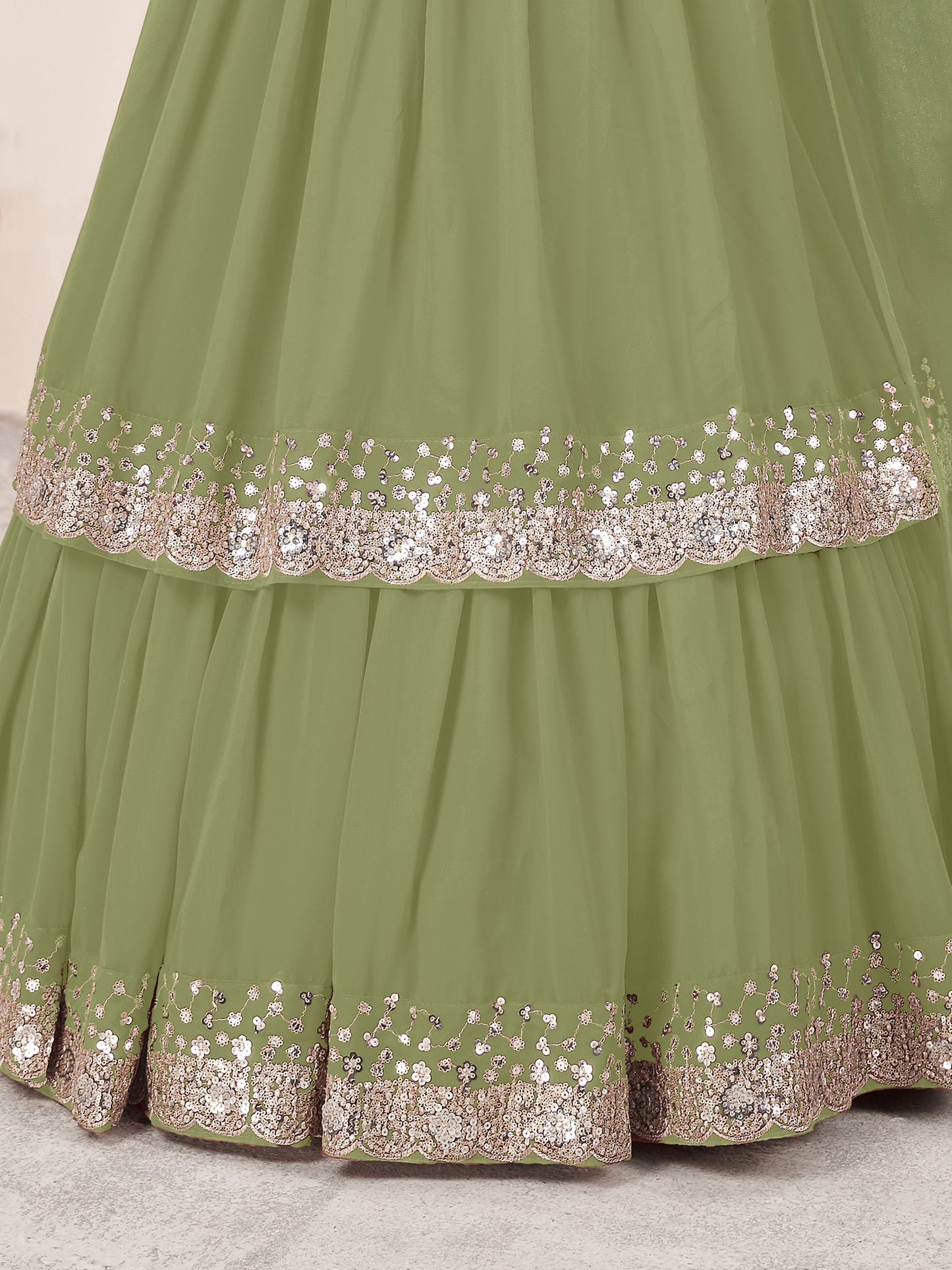 Olive Green Faux Georgette Sequins Work Wedding Guest Lehenga