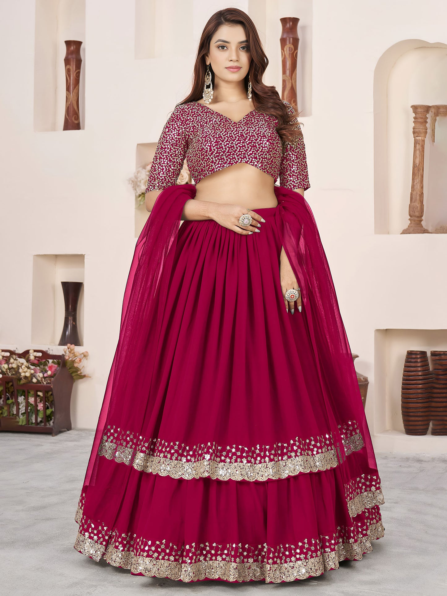 Pink Faux Georgette Sequins Work Wedding Guest Lehenga