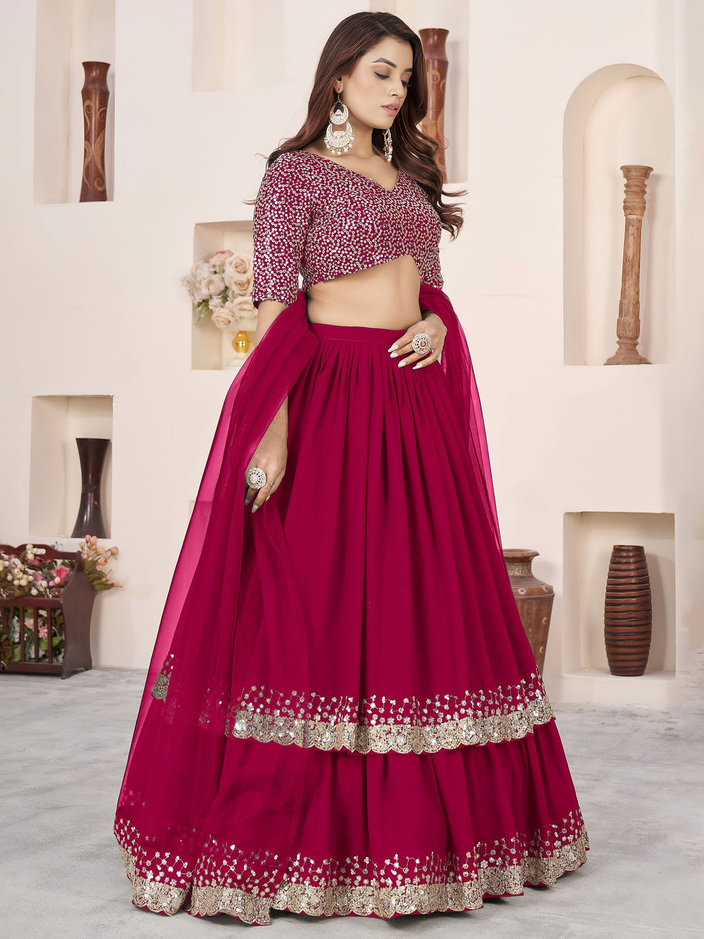 Pink Faux Georgette Sequins Work Wedding Guest Lehenga