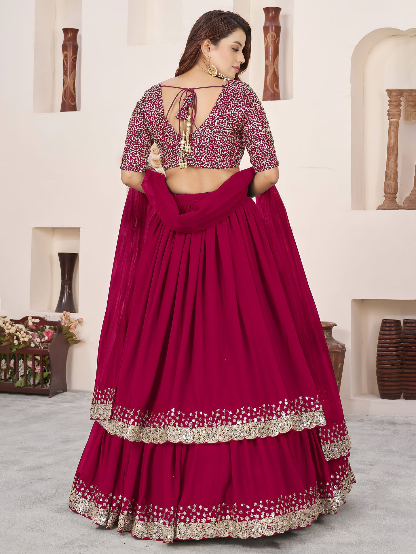 Pink Faux Georgette Sequins Work Wedding Guest Lehenga