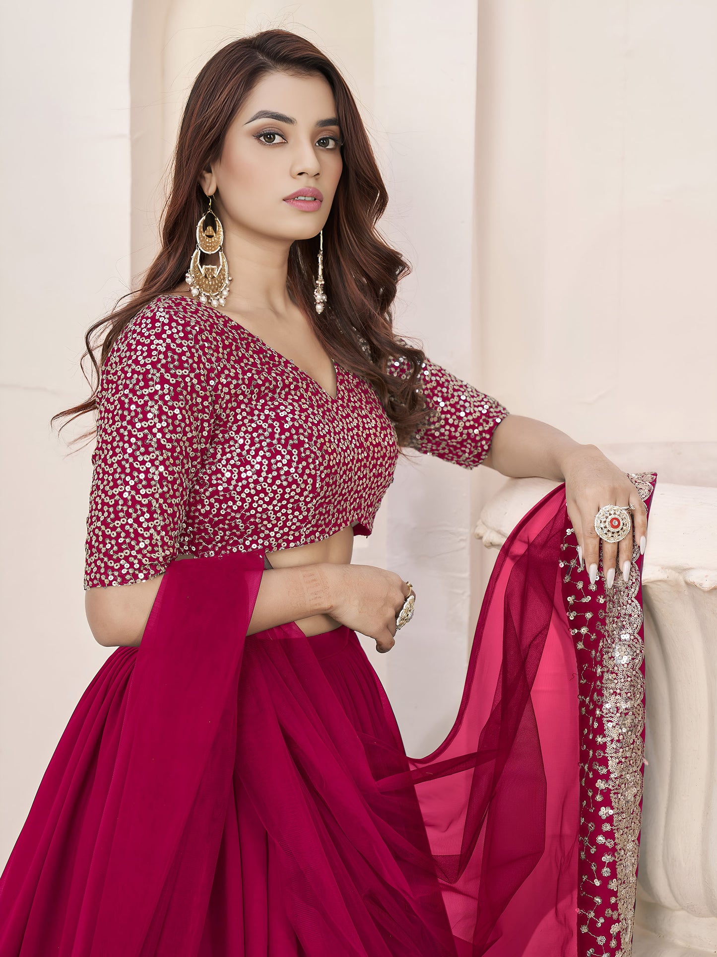 Pink Faux Georgette Sequins Work Wedding Guest Lehenga