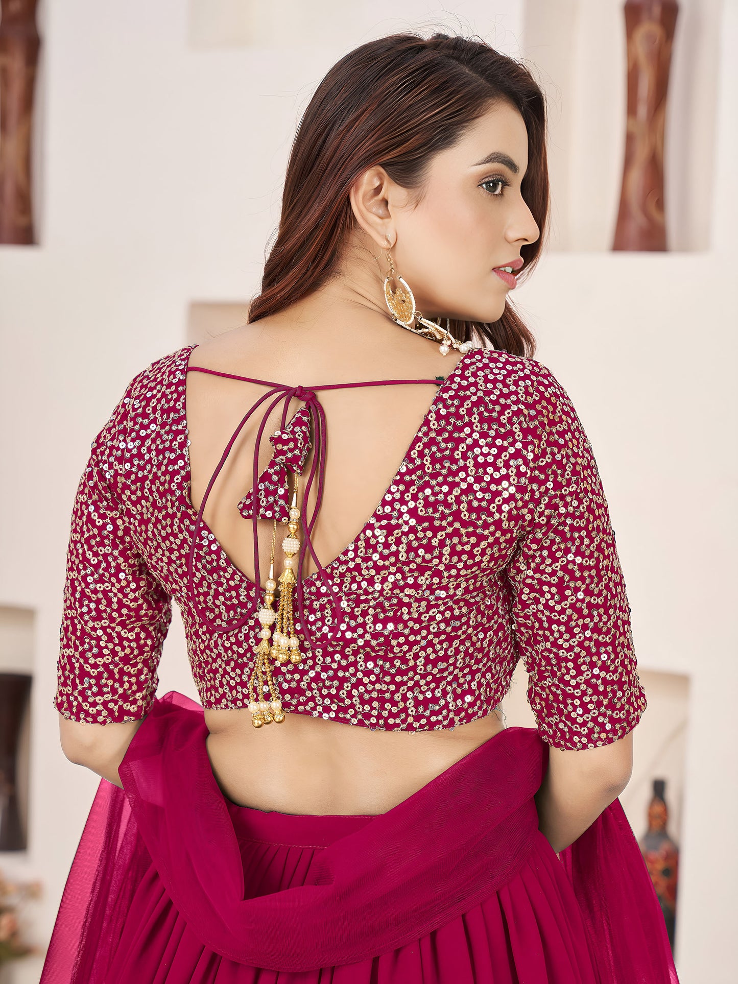 Pink Faux Georgette Sequins Work Wedding Guest Lehenga