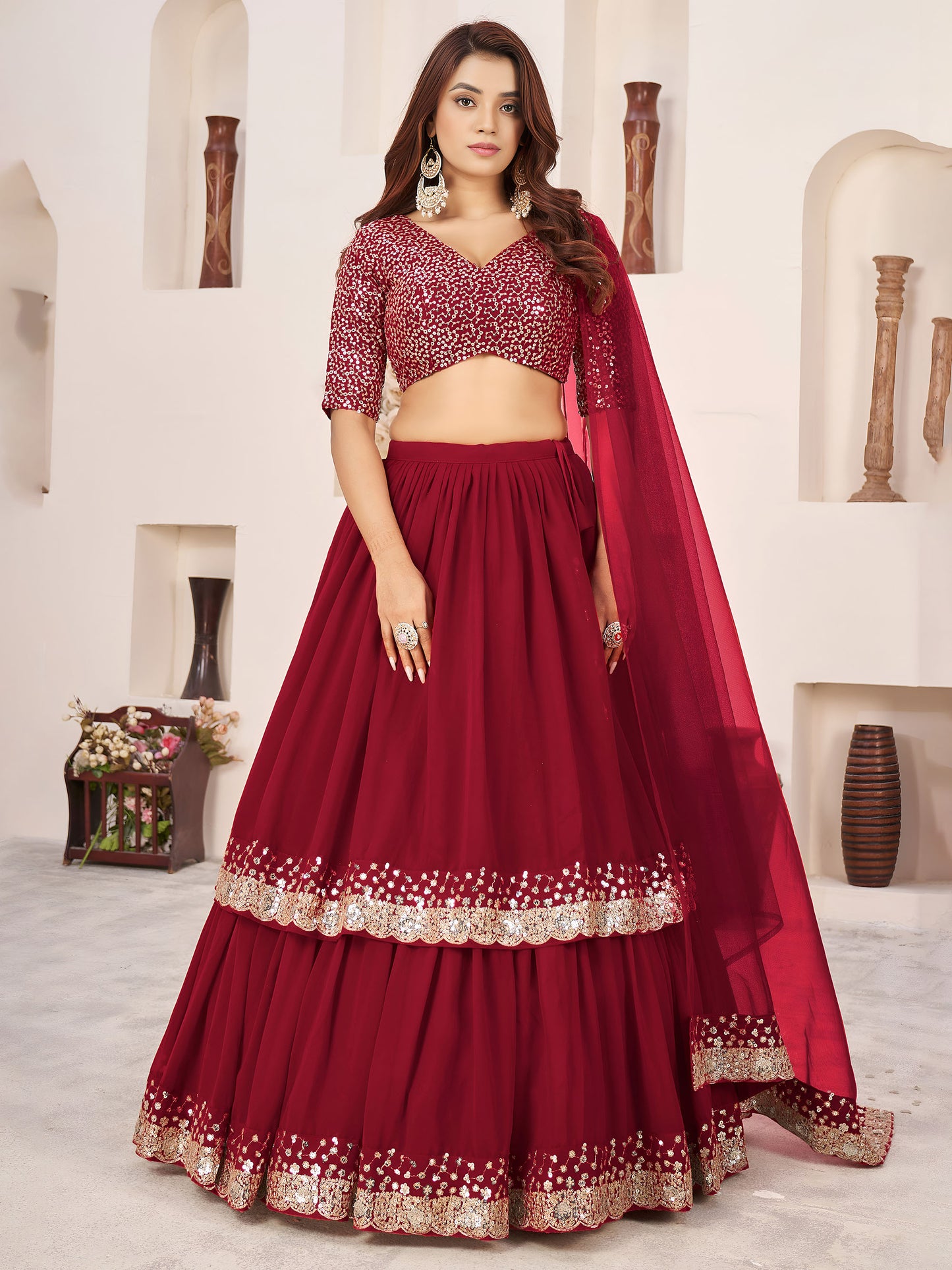 Red Faux Georgette Sequins Work Wedding Guest  Lehenga