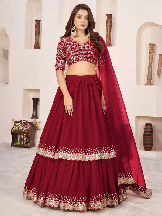 Red Faux Georgette Sequins Work Wedding Guest  Lehenga