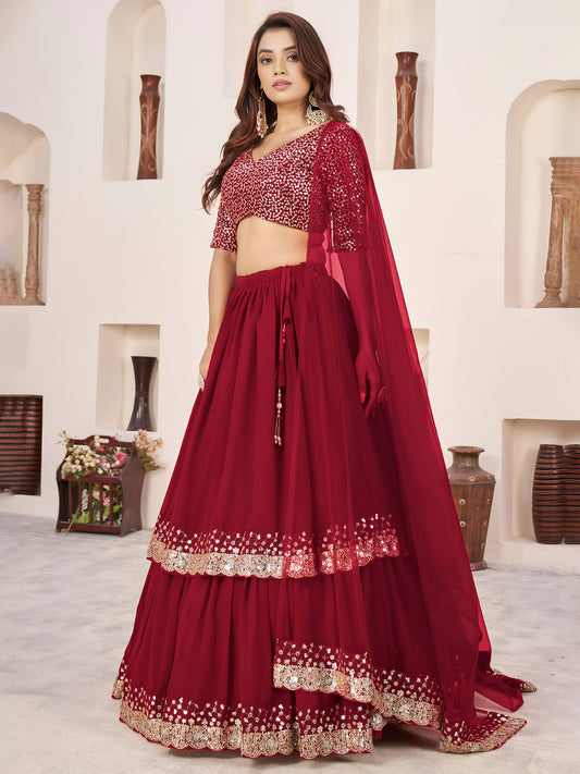 Red Faux Georgette Sequins Work Wedding Guest  Lehenga