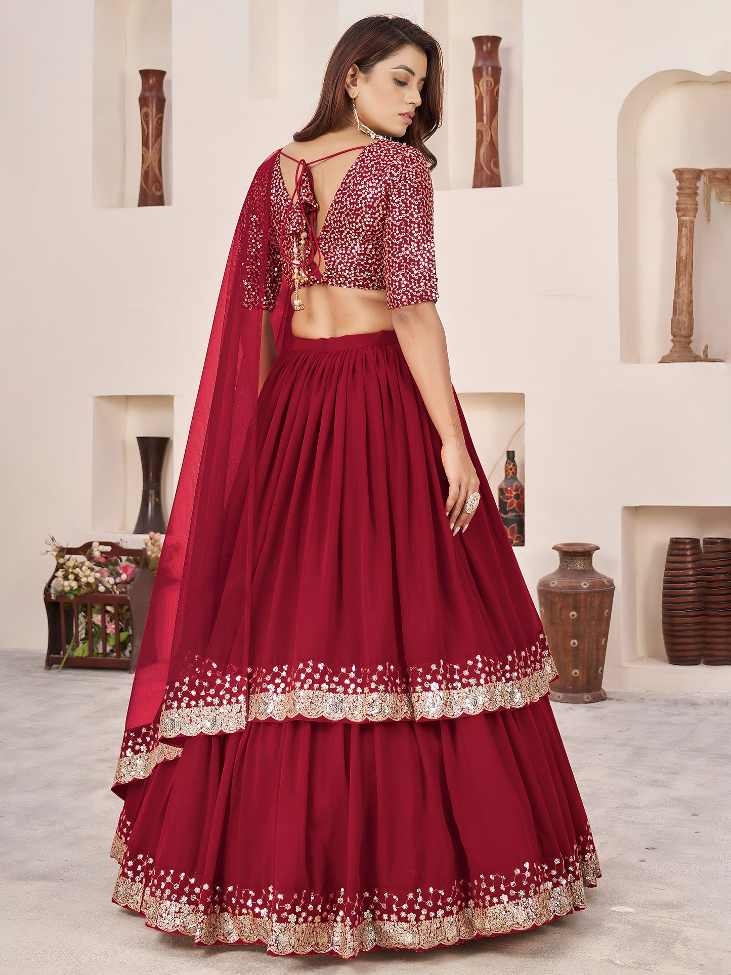 Red Faux Georgette Sequins Work Wedding Guest  Lehenga