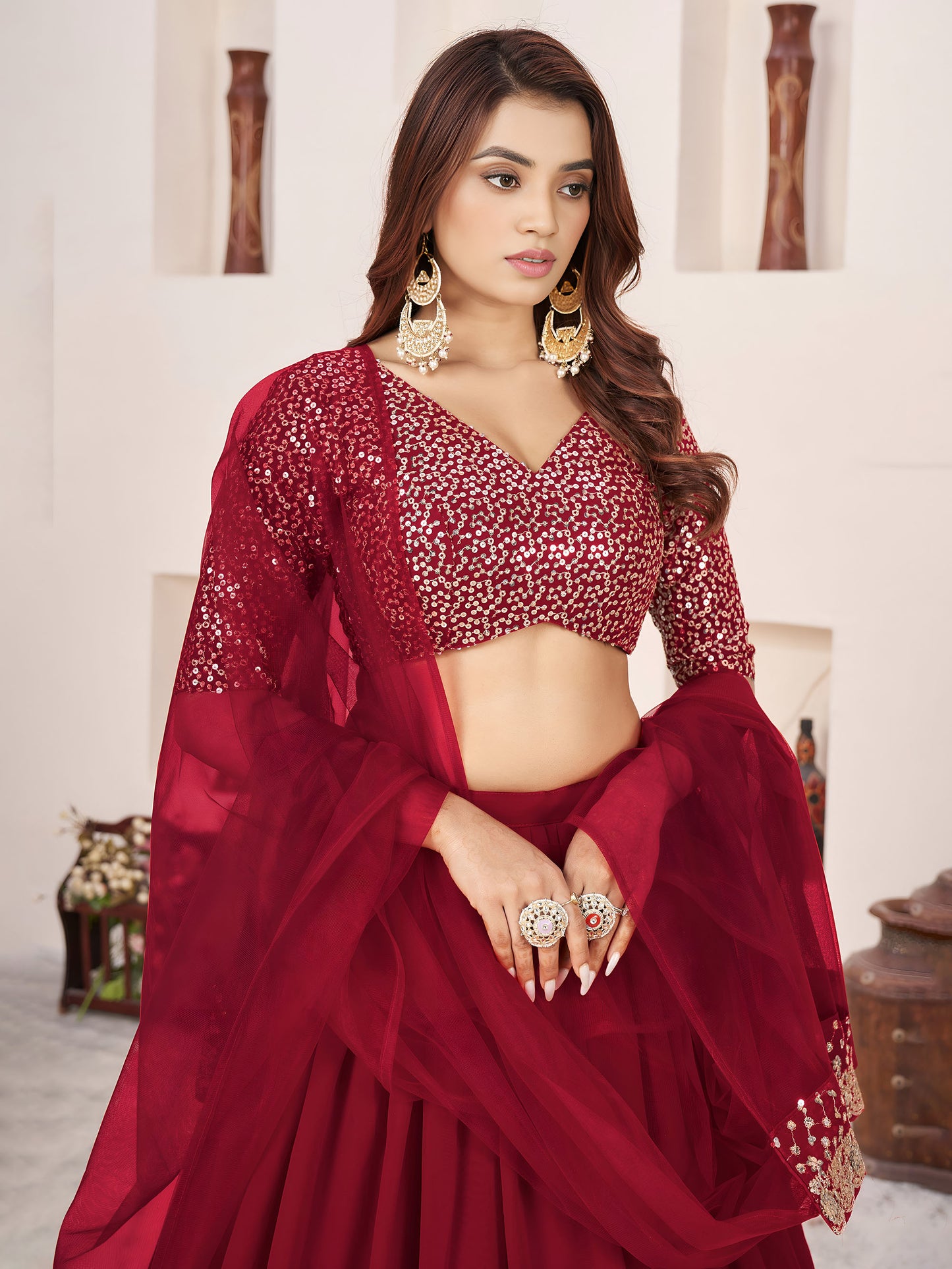 Red Faux Georgette Sequins Work Wedding Guest  Lehenga