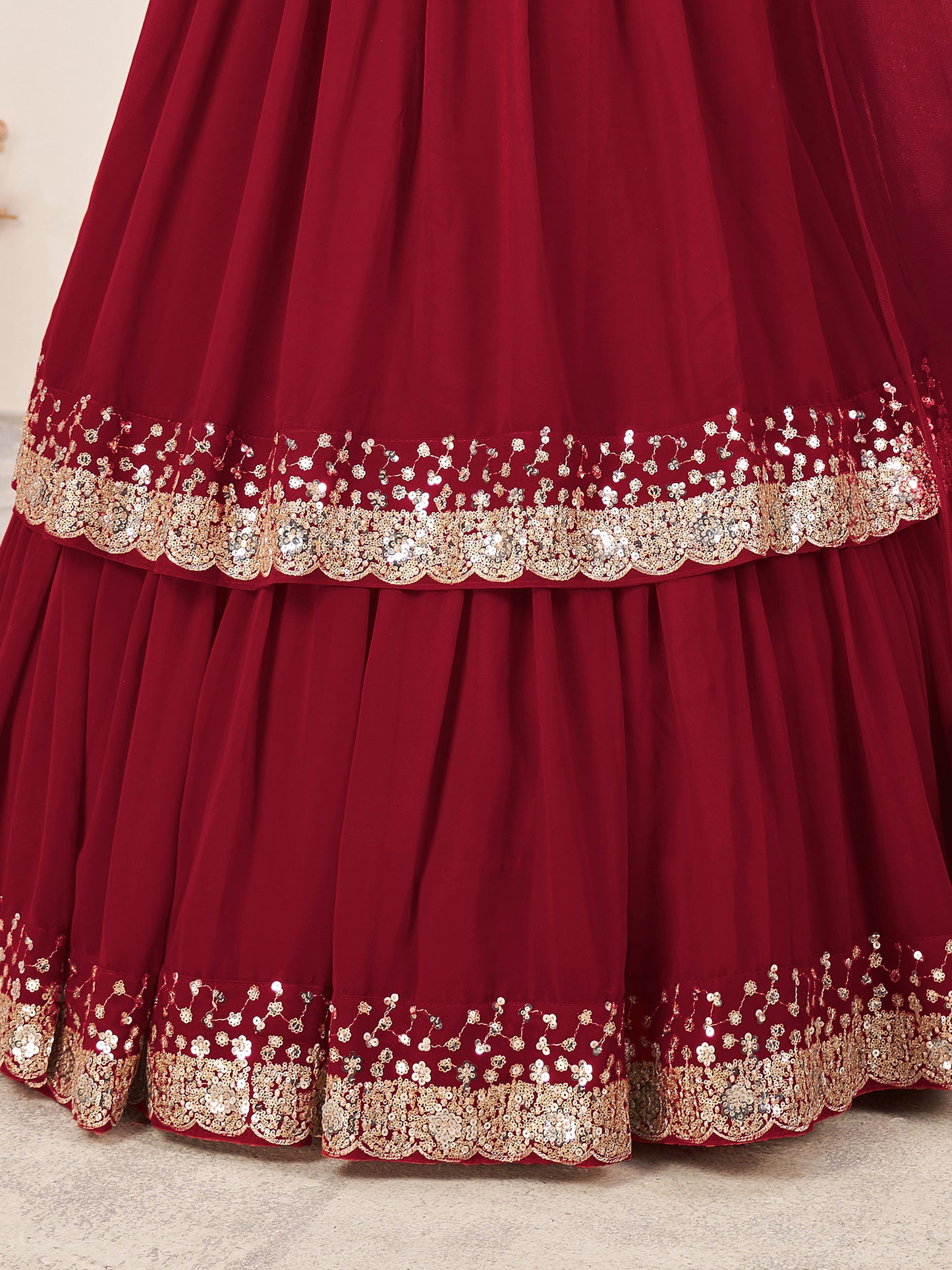 Red Faux Georgette Sequins Work Wedding Guest  Lehenga