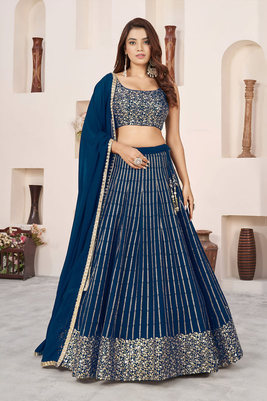 Blue Sequins, Zari Work Georgette Festive Lehenga Choli