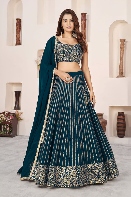 Green Sequins, Zari Work Georgette Wedding Guest Lehenga Choli for Mehendi