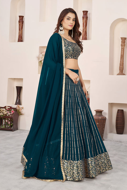 Green Sequins, Zari Work Georgette Wedding Guest Lehenga Choli for Mehendi