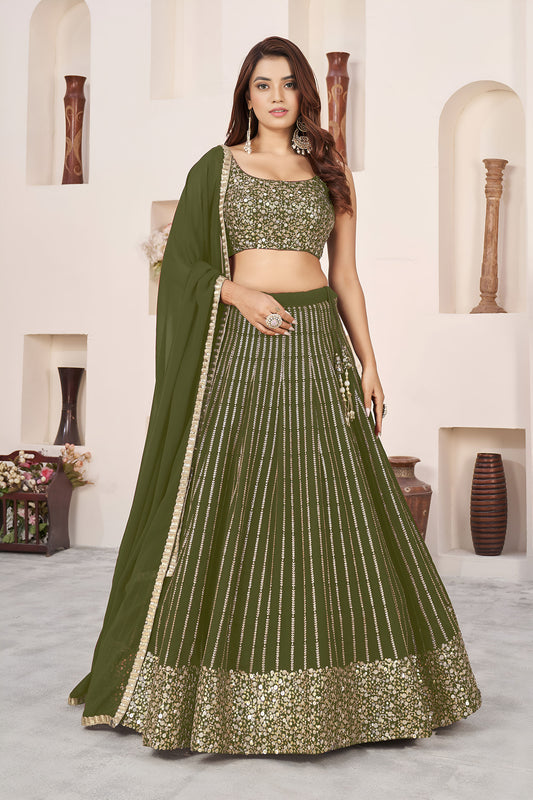 Olive Green Sequins, Zari Work Georgette Mehendi Lehenga Choli
