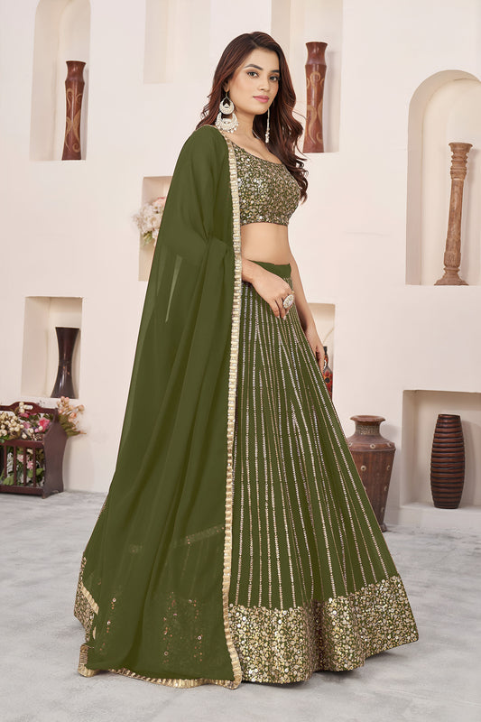 Olive Green Sequins, Zari Work Georgette Mehendi Lehenga Choli