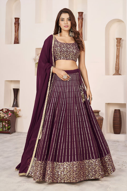 Wine Sequins, Zari Work Georgette Wedding Guest Lehenga Choli for Festive