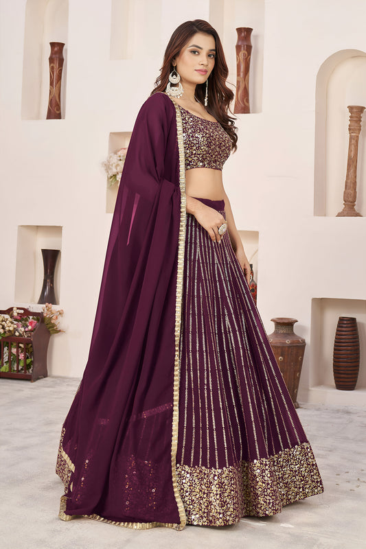 Wine Sequins, Zari Work Georgette Wedding Guest Lehenga Choli for Festive