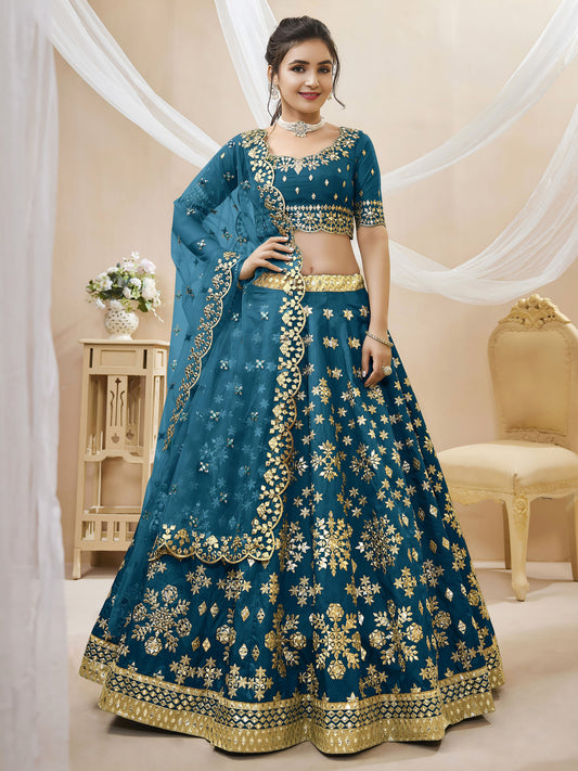 Rama Blue Green Art Silk Sequins & Foil, Zari Embroidered Bridesmaid Lehenga