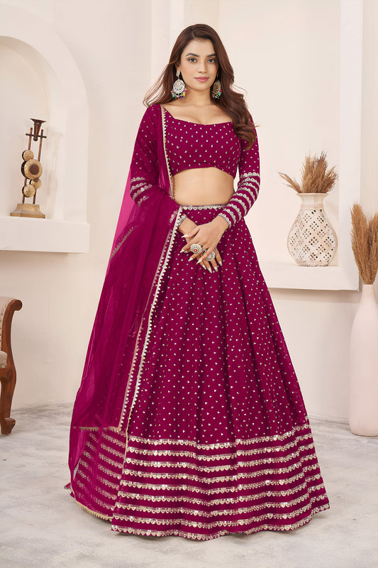 Pink Green Sequins, Zari Work Georgette Festive Lehenga Choli
