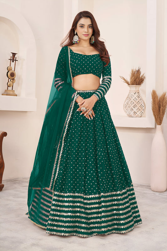 Teal Green Sequins, Zari Work Georgette Wedding Guest Lehenga Choli for Festive
