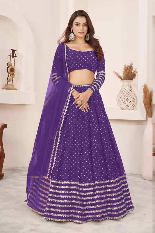 Violet Green Sequins, Zari Work Georgette Festive Lehenga Choli