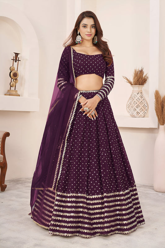 Wine Sequins, Zari Work Georgette Festive Lehenga Choli