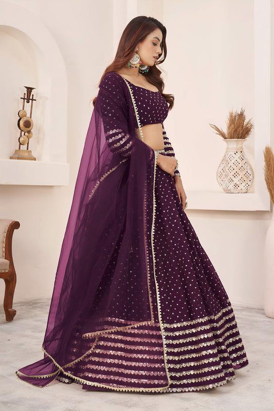 Wine Sequins, Zari Work Georgette Festive Lehenga Choli