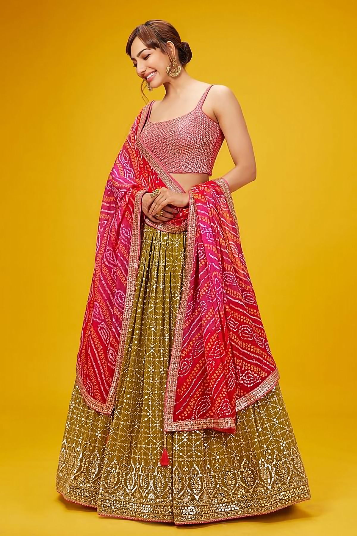 Olive Green Georgette Zari & Sequins Work Mehendi Lehenga Choli