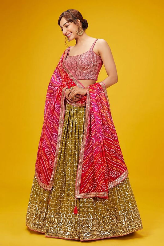 Olive Green Georgette Zari & Sequins Work Mehendi Lehenga Choli