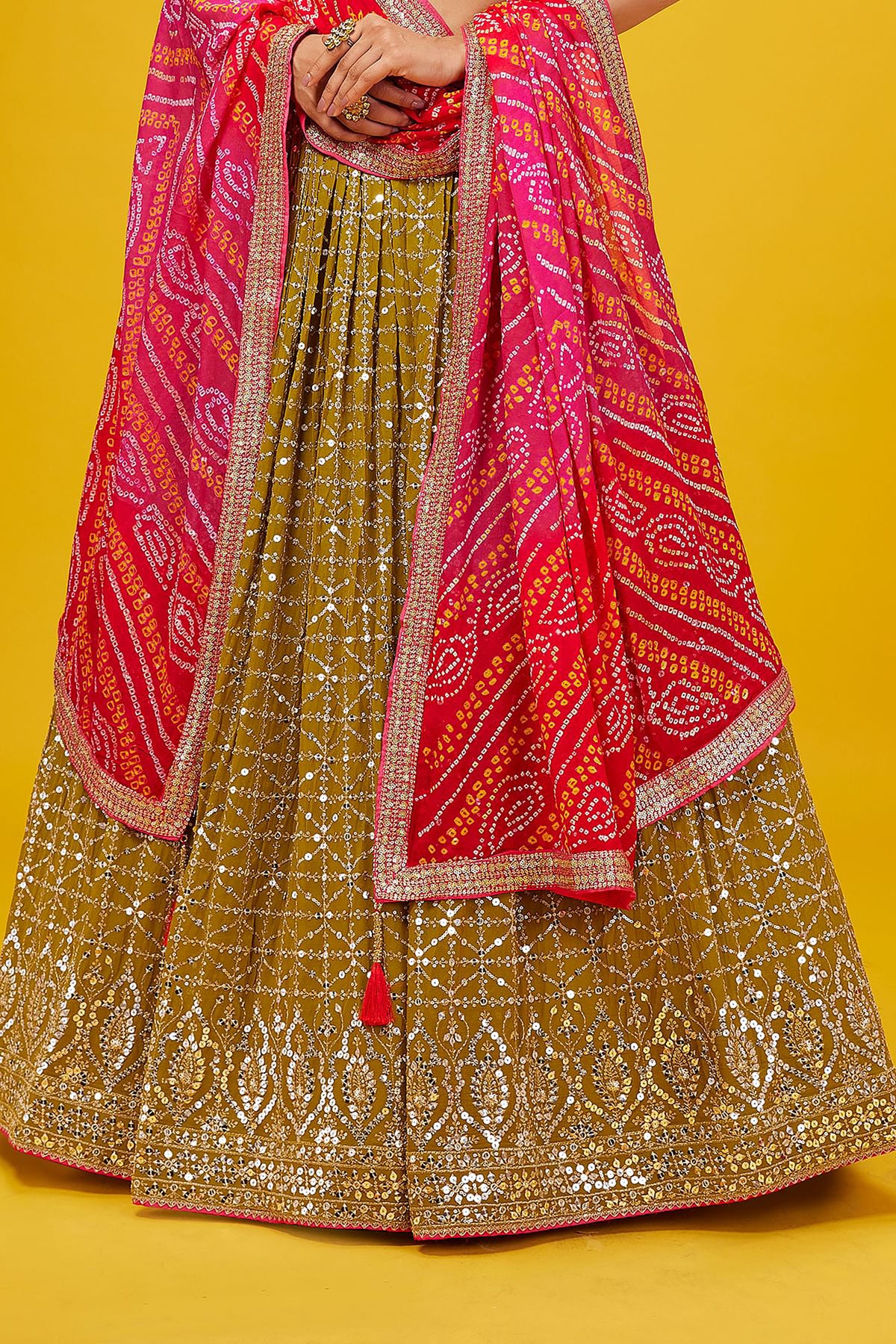 Olive Green Georgette Zari & Sequins Work Mehendi Lehenga Choli