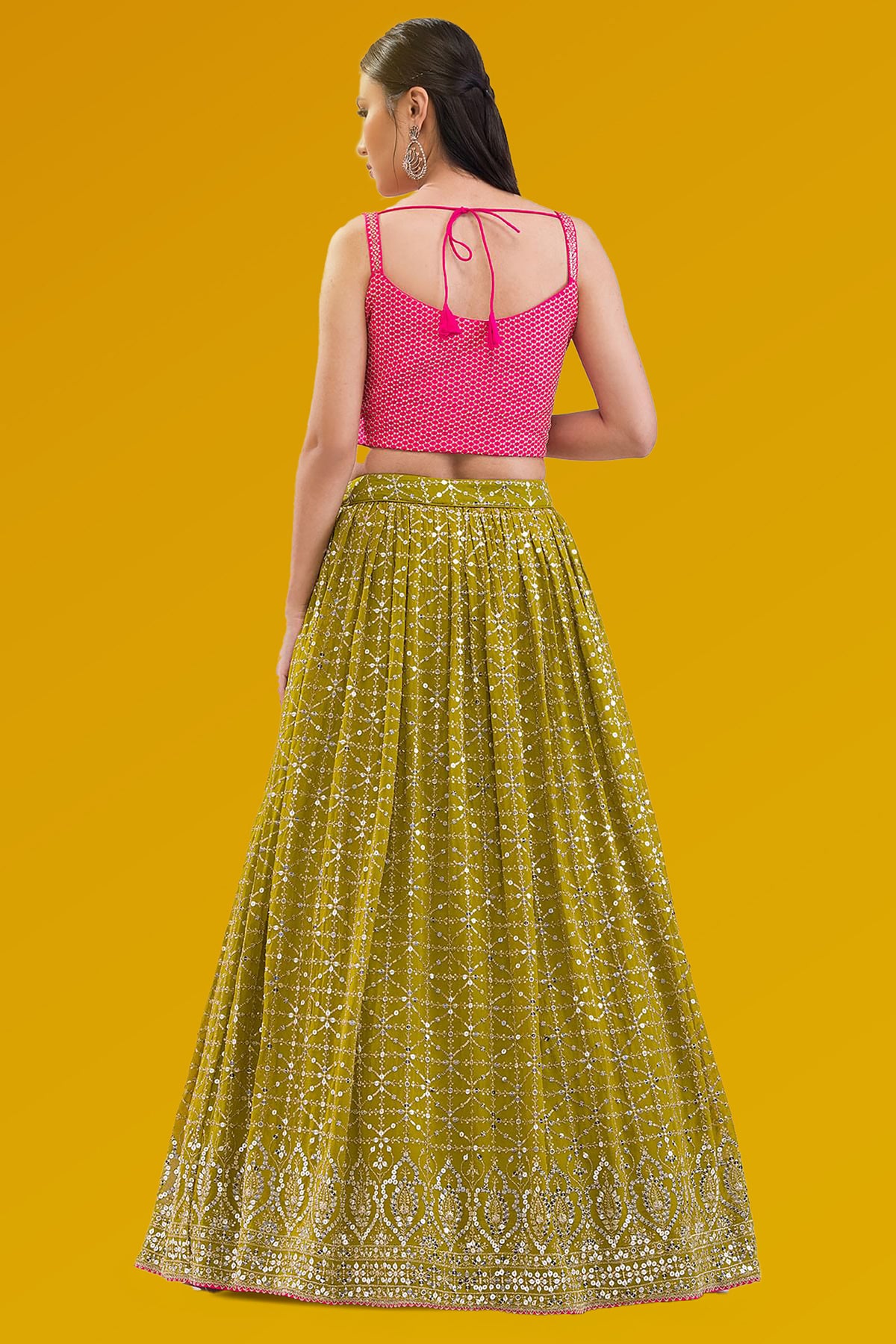 Olive Green Georgette Zari & Sequins Work Mehendi Lehenga Choli