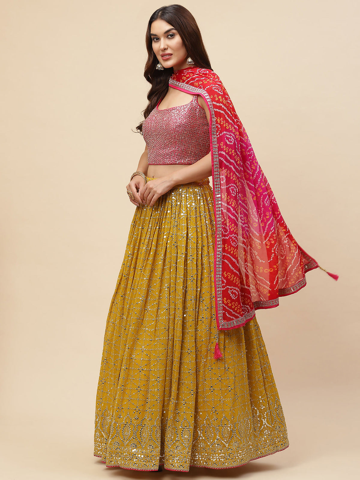 Yellow & Pink Georgette Zari & Sequins Work Haldi Lehenga Choli