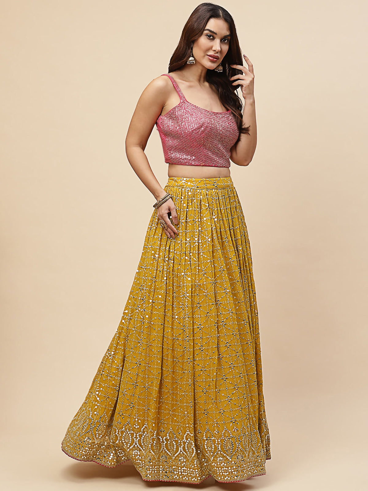 Yellow & Pink Georgette Zari & Sequins Work Haldi Lehenga Choli