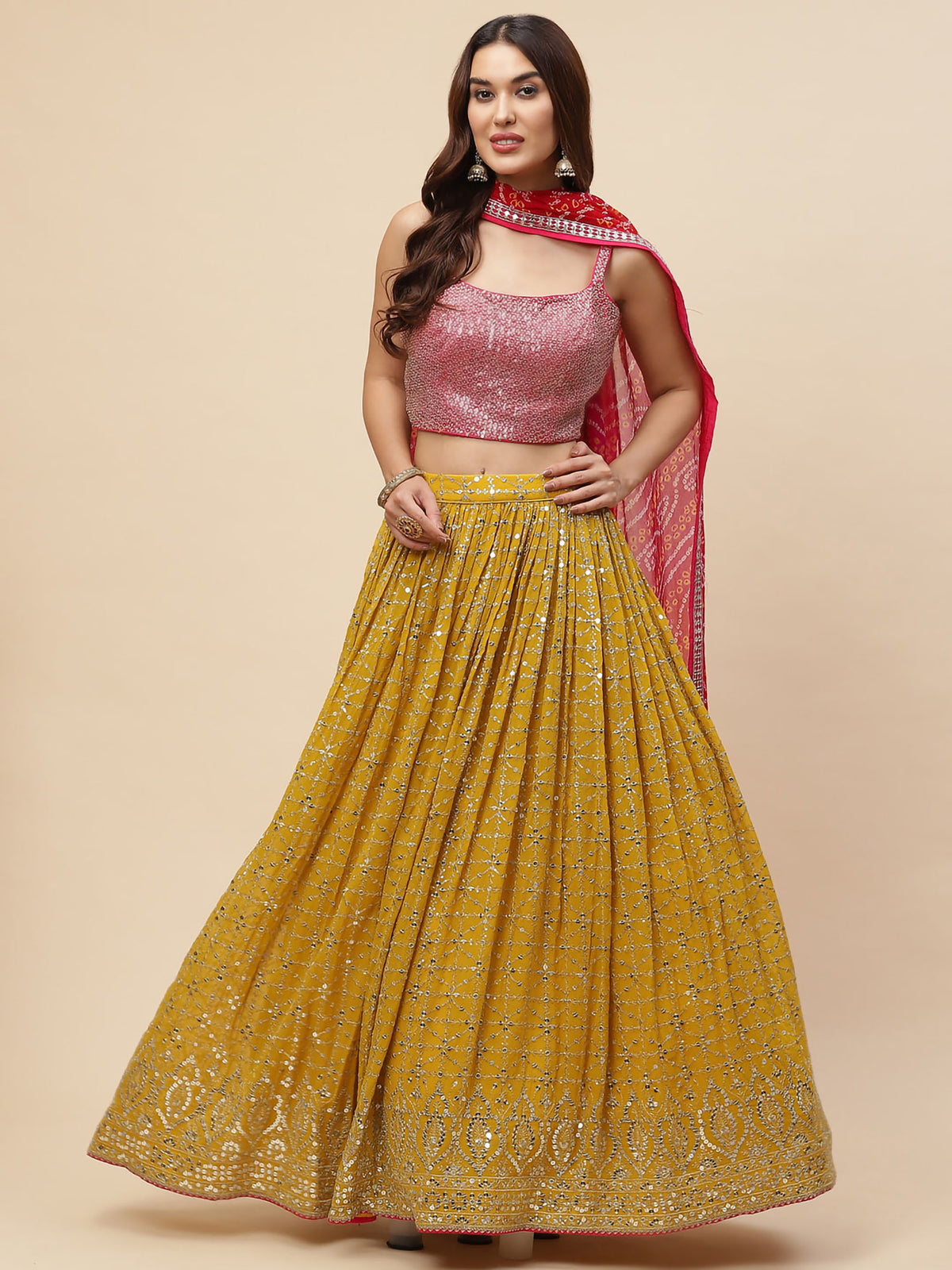 Yellow & Pink Georgette Zari & Sequins Work Haldi Lehenga Choli