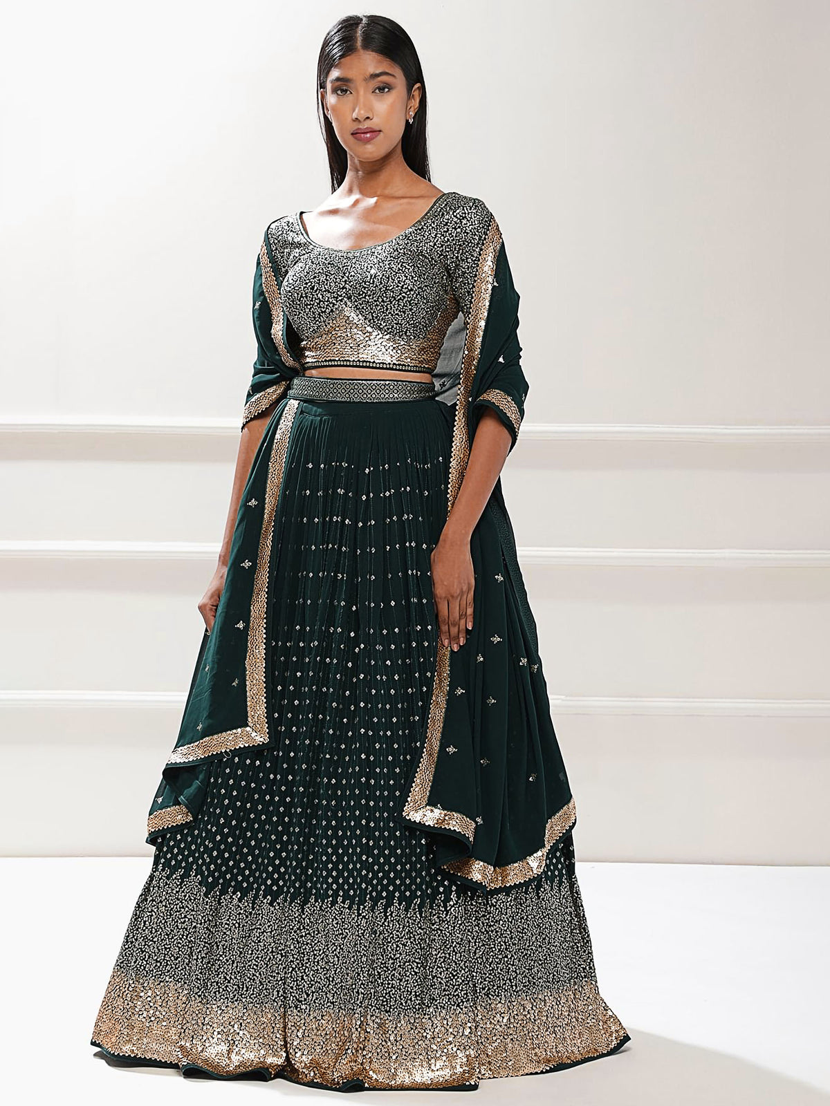 Green Georgette Zari & Sequins Work Bridesmaid Lehenga Choli for Mehendi