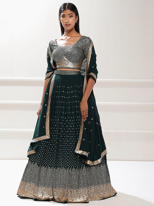 Green Georgette Zari & Sequins Work Bridesmaid Lehenga Choli for Mehendi