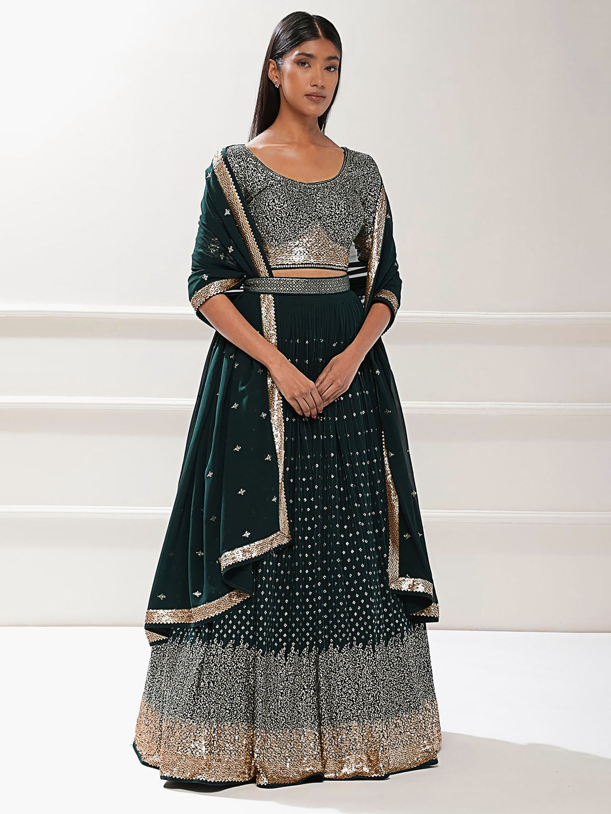 Green Georgette Zari & Sequins Work Bridesmaid Lehenga Choli for Mehendi