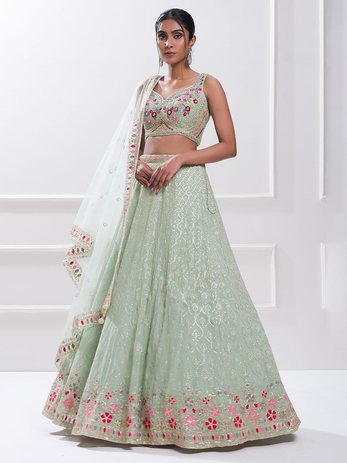 Pista Green Georgette Zari & Sequins Work Sangeet Lehenga Choli