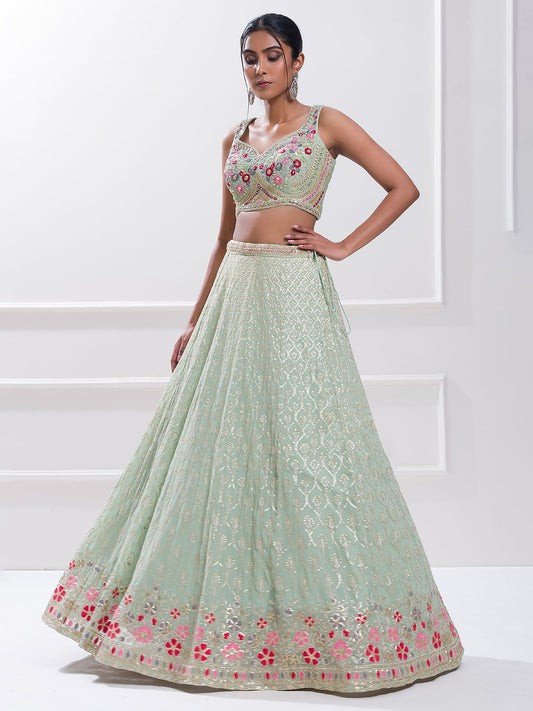 Pista Green Georgette Zari & Sequins Work Sangeet Lehenga Choli