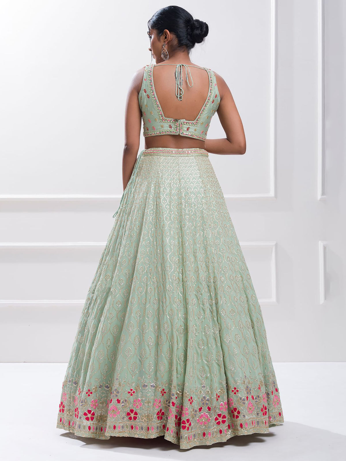 Pista Green Georgette Zari & Sequins Work Sangeet Lehenga Choli