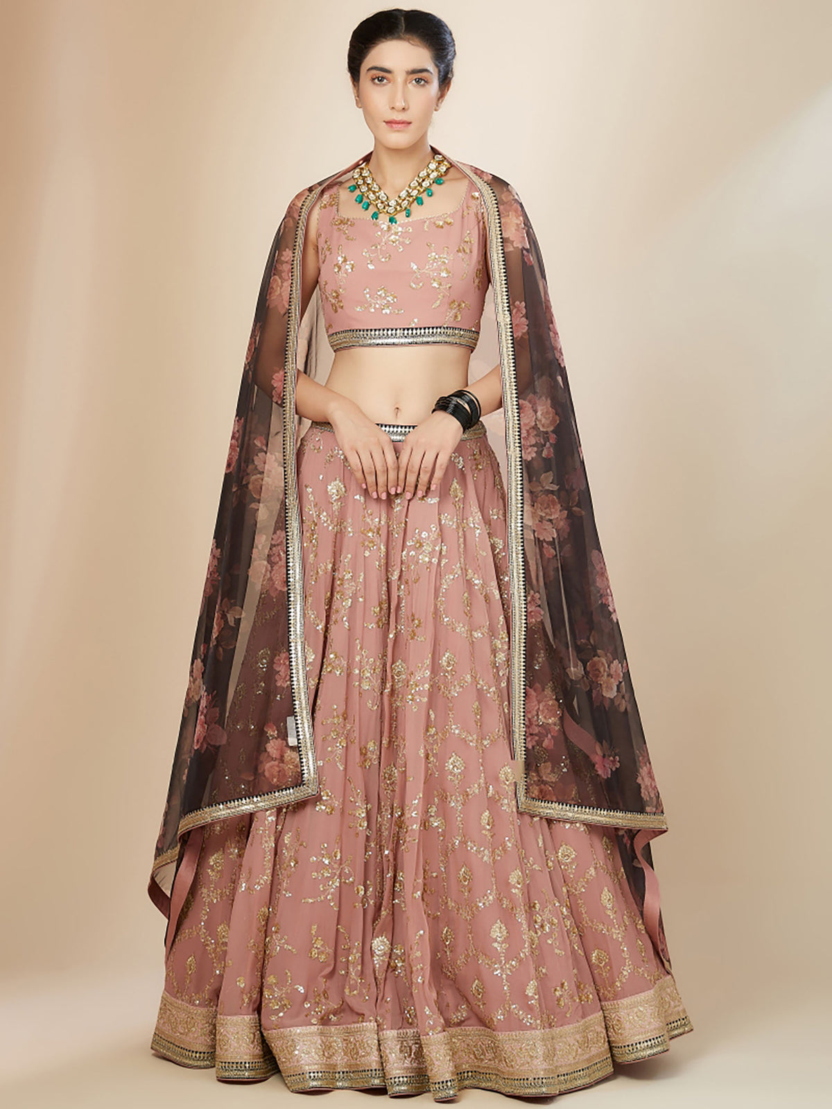 Pink & Brown Georgette Zari & Sequins Work Mehendi Lehenga Choli