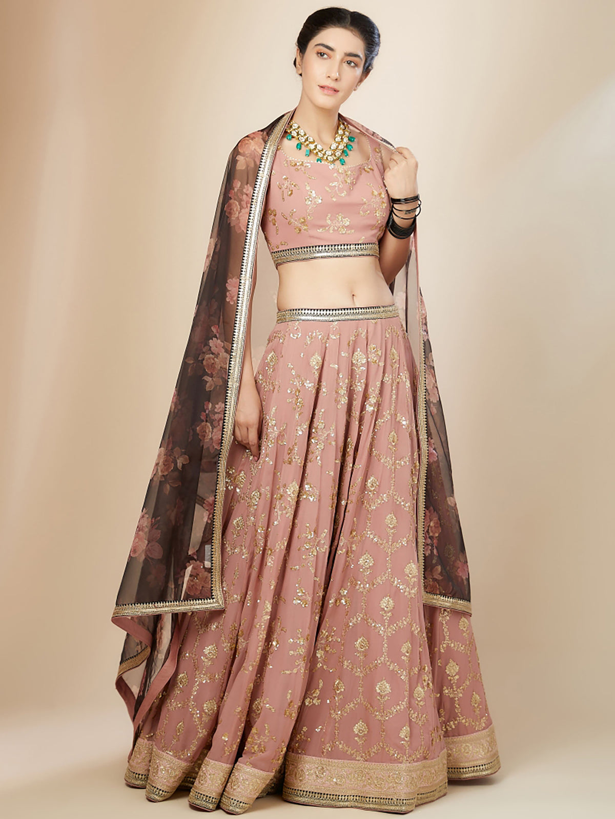 Pink & Brown Georgette Zari & Sequins Work Mehendi Lehenga Choli