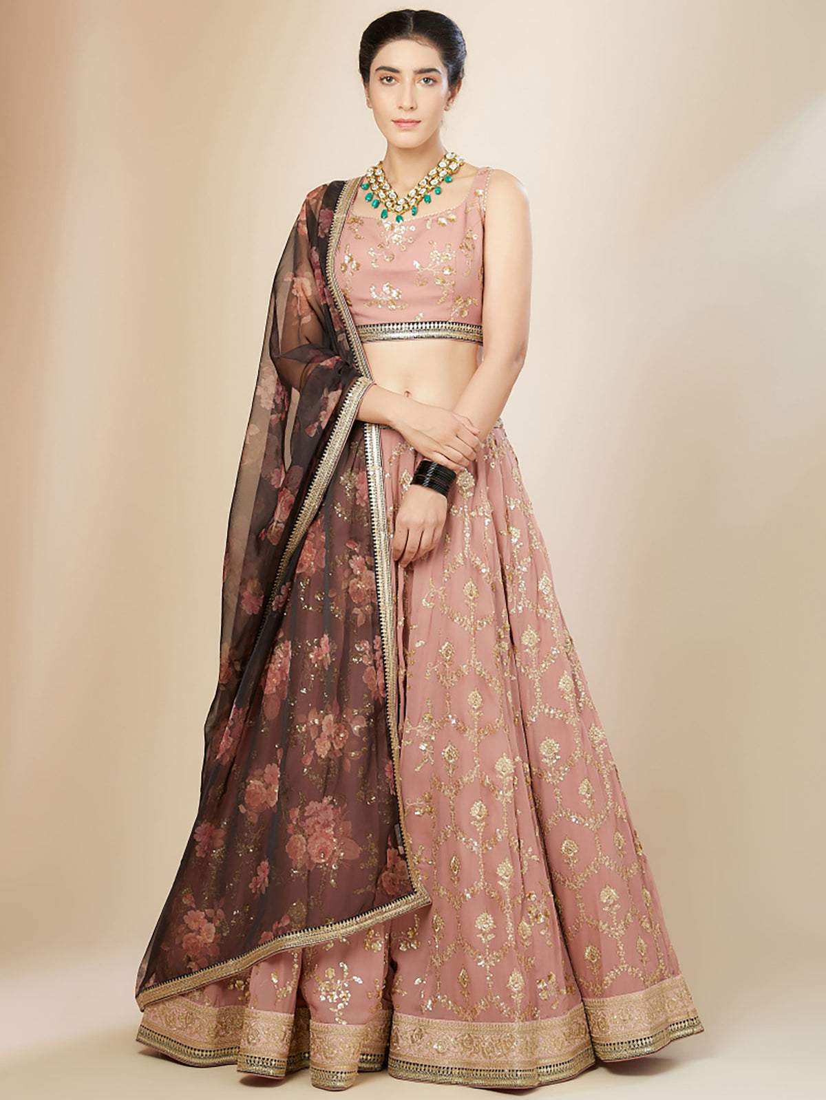 Pink & Brown Georgette Zari & Sequins Work Mehendi Lehenga Choli