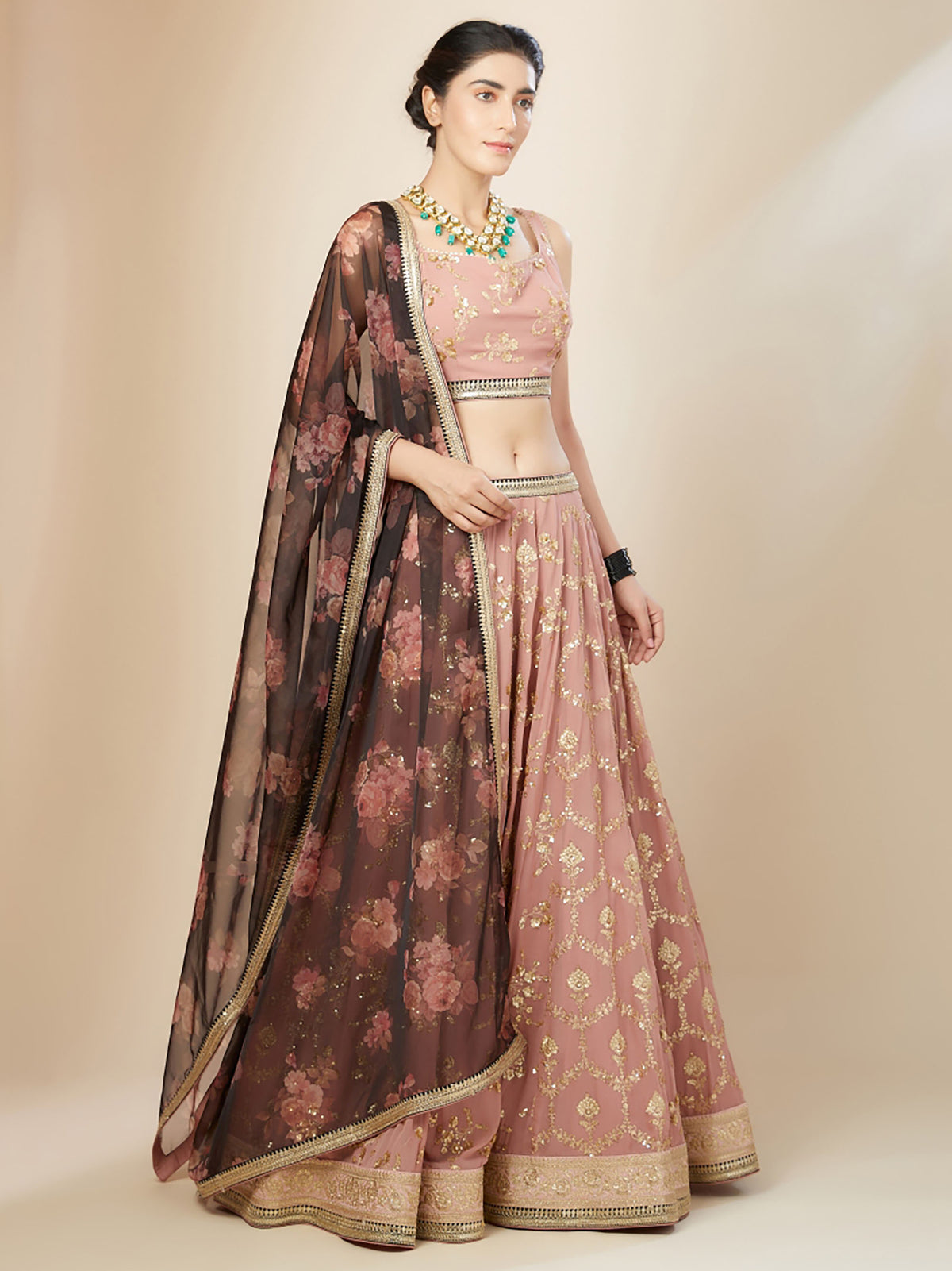 Pink & Brown Georgette Zari & Sequins Work Mehendi Lehenga Choli