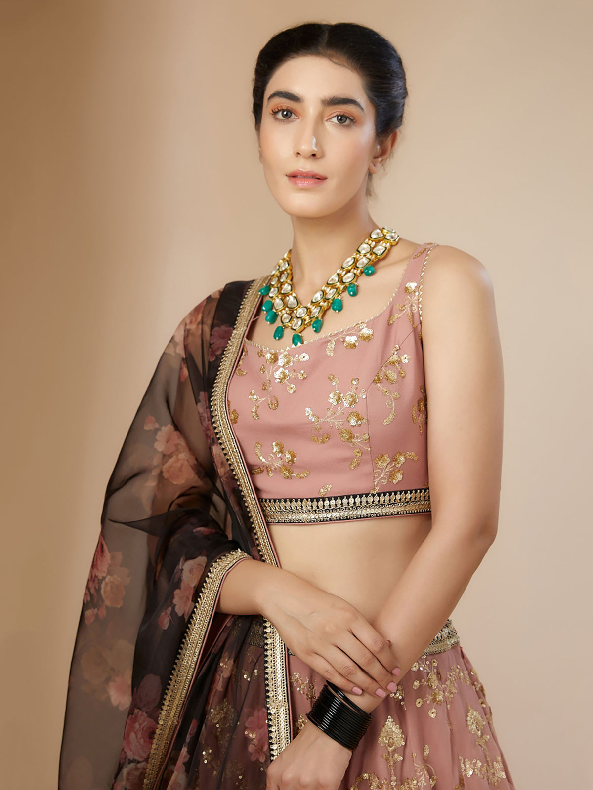 Pink & Brown Georgette Zari & Sequins Work Mehendi Lehenga Choli