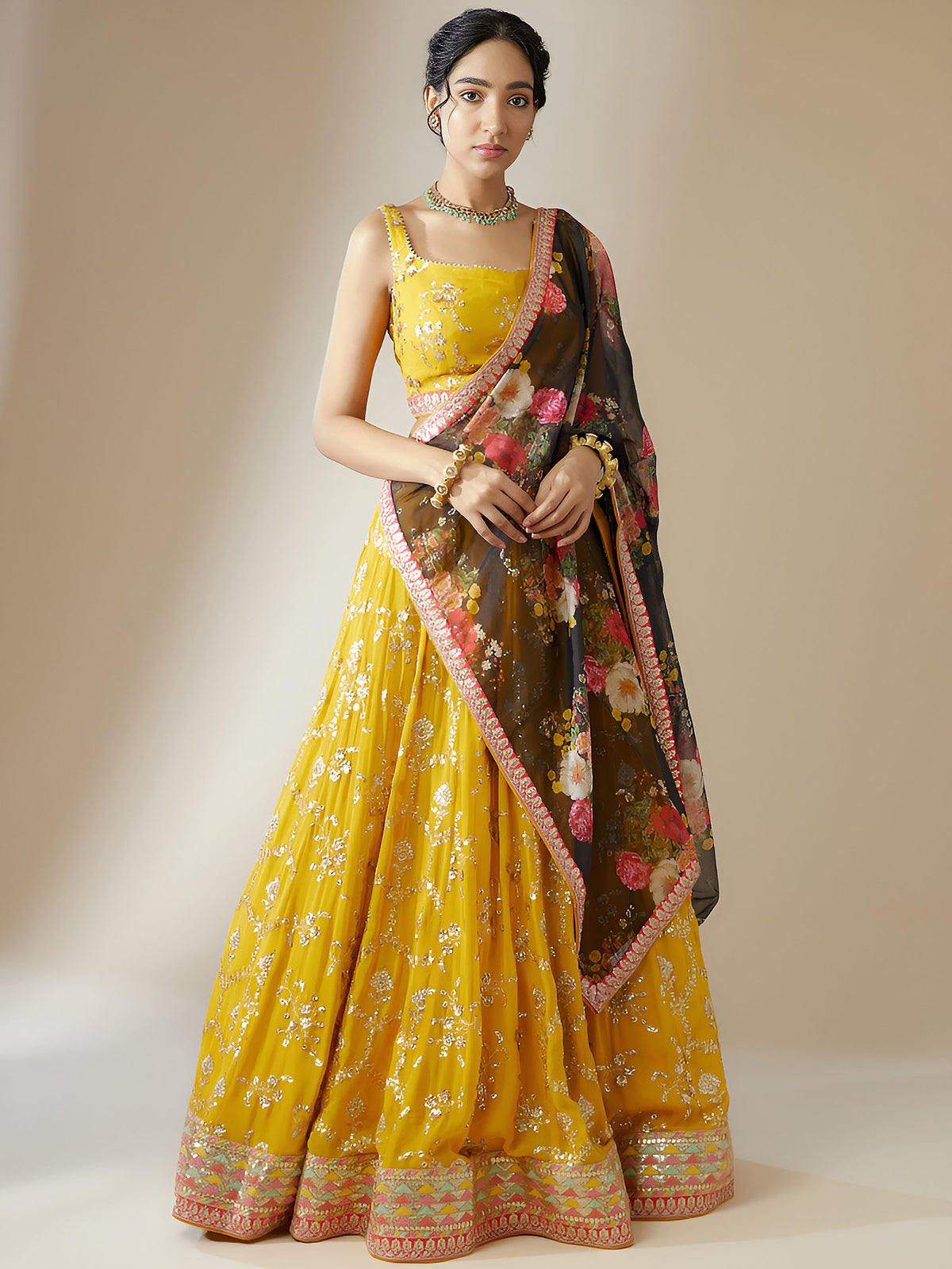 Yellow Georgette Zari & Sequins Work Lehenga Choli for Haldi