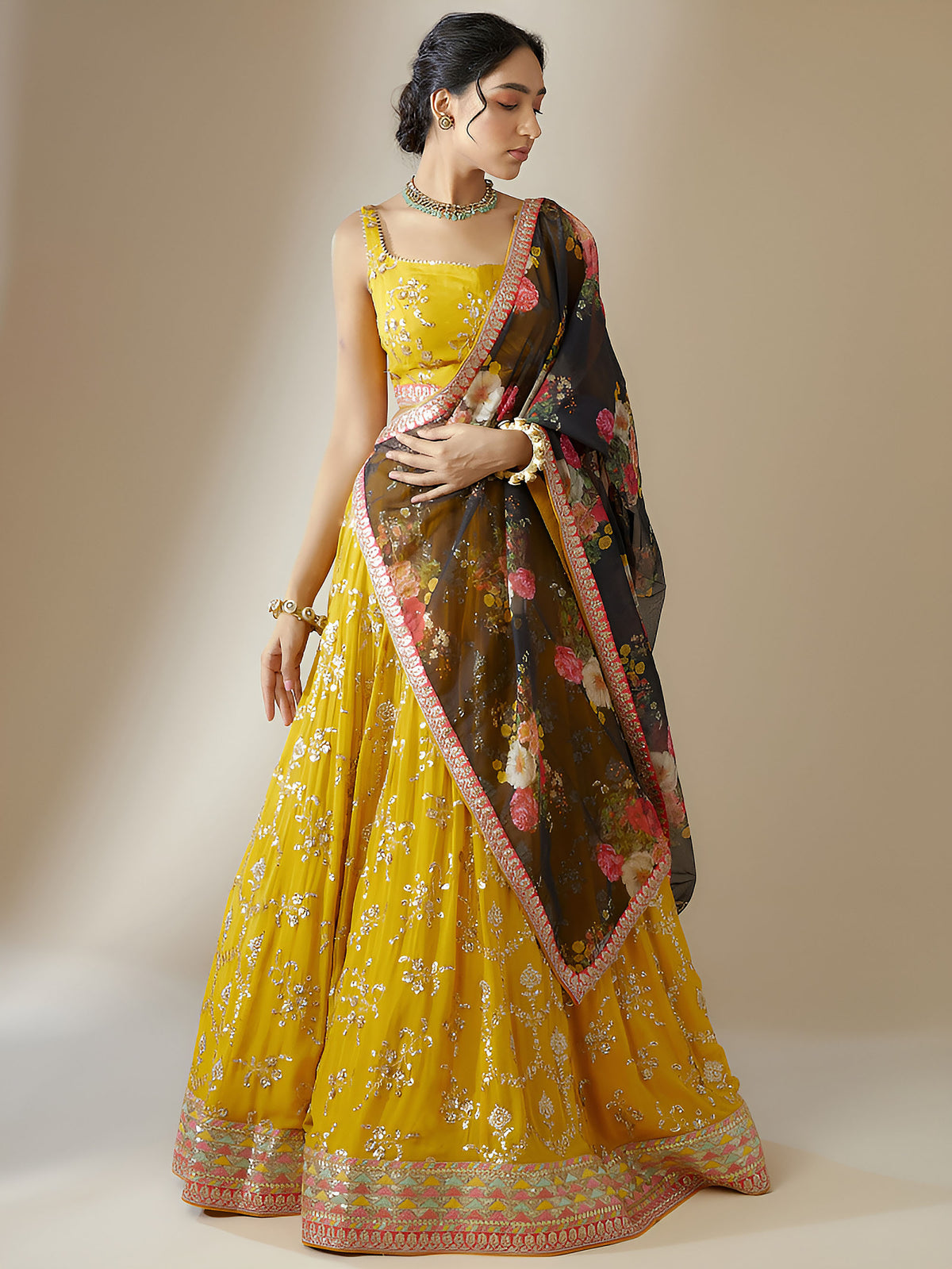 Yellow Georgette Zari & Sequins Work Lehenga Choli for Haldi