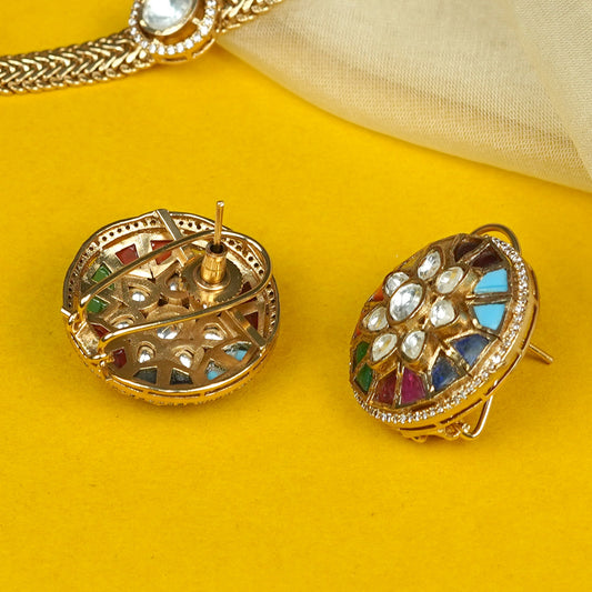 Zevar Club 24K Gold Plated White Kundan Studded Multicolor Enamel Handcrafted Floral Jewellery Set with Pendant & Earrings for Women