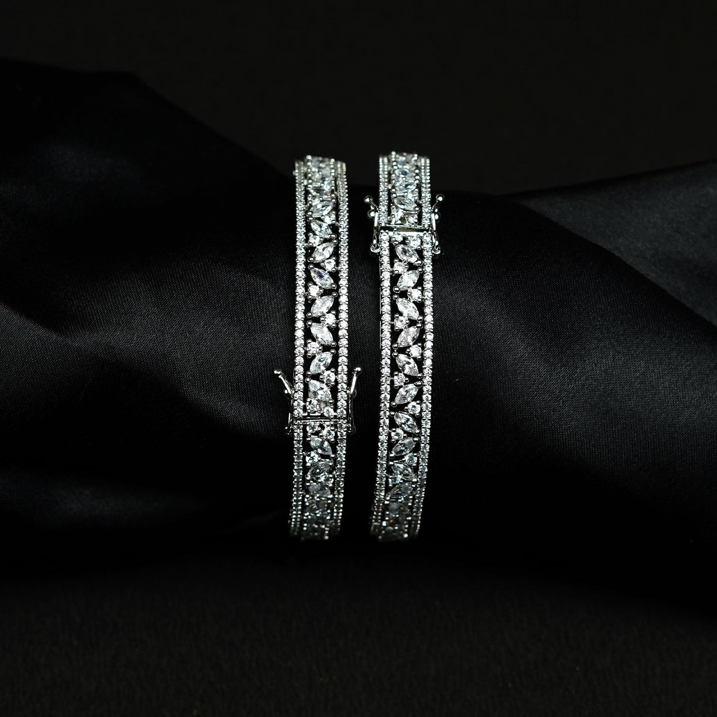 Zevar Club Set of 2 Rhodium-Plated Handcrafted AAA Cubic Zirconia Vine Motif Studded Premium Screw Adjustable Bangles