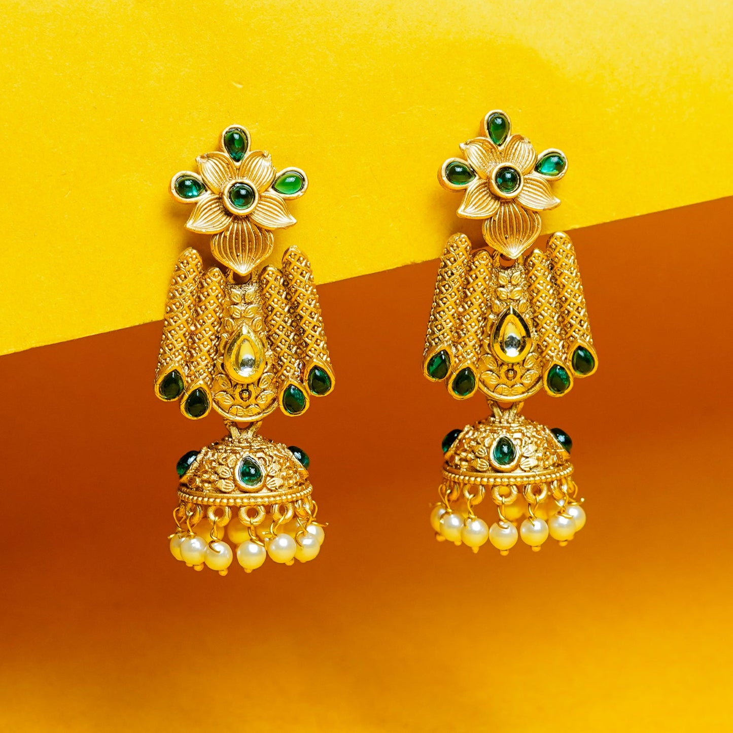 Zevar Club 18K Gold-Plated White Kundan Stone Studded Floral Drop Earrings with Pearl Jhumka