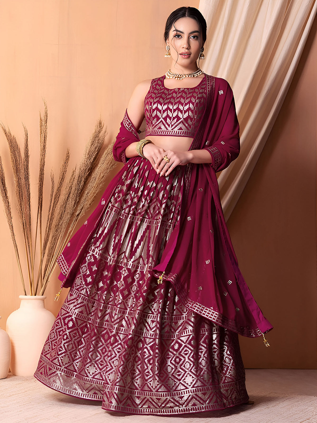 Dark Pink Sequin & Thread Work Georgette Festive Lehenga Choli
